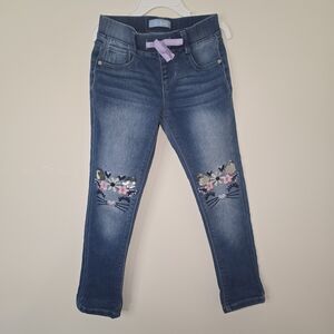 Blue Ink Girls Charming Blue Skinny Jeans with Cat Embroidery